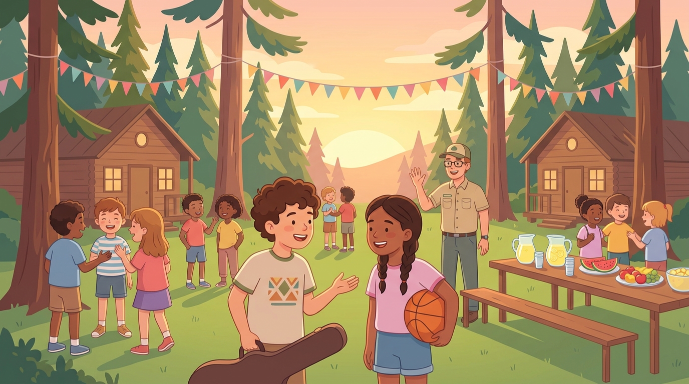 Fête d'accueil en colonie : Oscar avec sa guitare discute avec Mia qui tient un ballon de basket